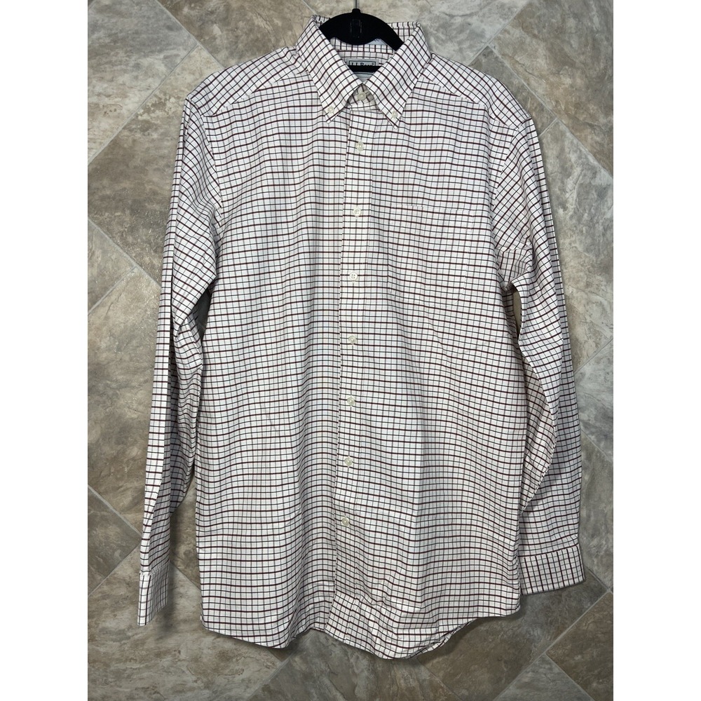 L.L. Bean Shirt Men's 15.5-36 Brown White Plaid Long Sleeve Wrinkle Resistant